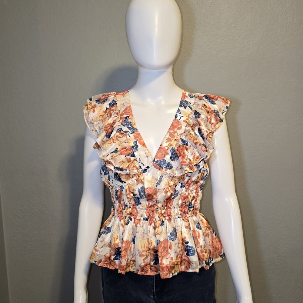 NWT Greylin Cladela Floral Ruffled Shimmer Peplum Blouse Spring Romantic Sz XS